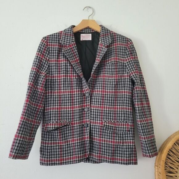 Pendleton 100% Virgin Wool Vintage Houndstooth Blazer Jacket Gray Red S Petite - Picture 1 of 10